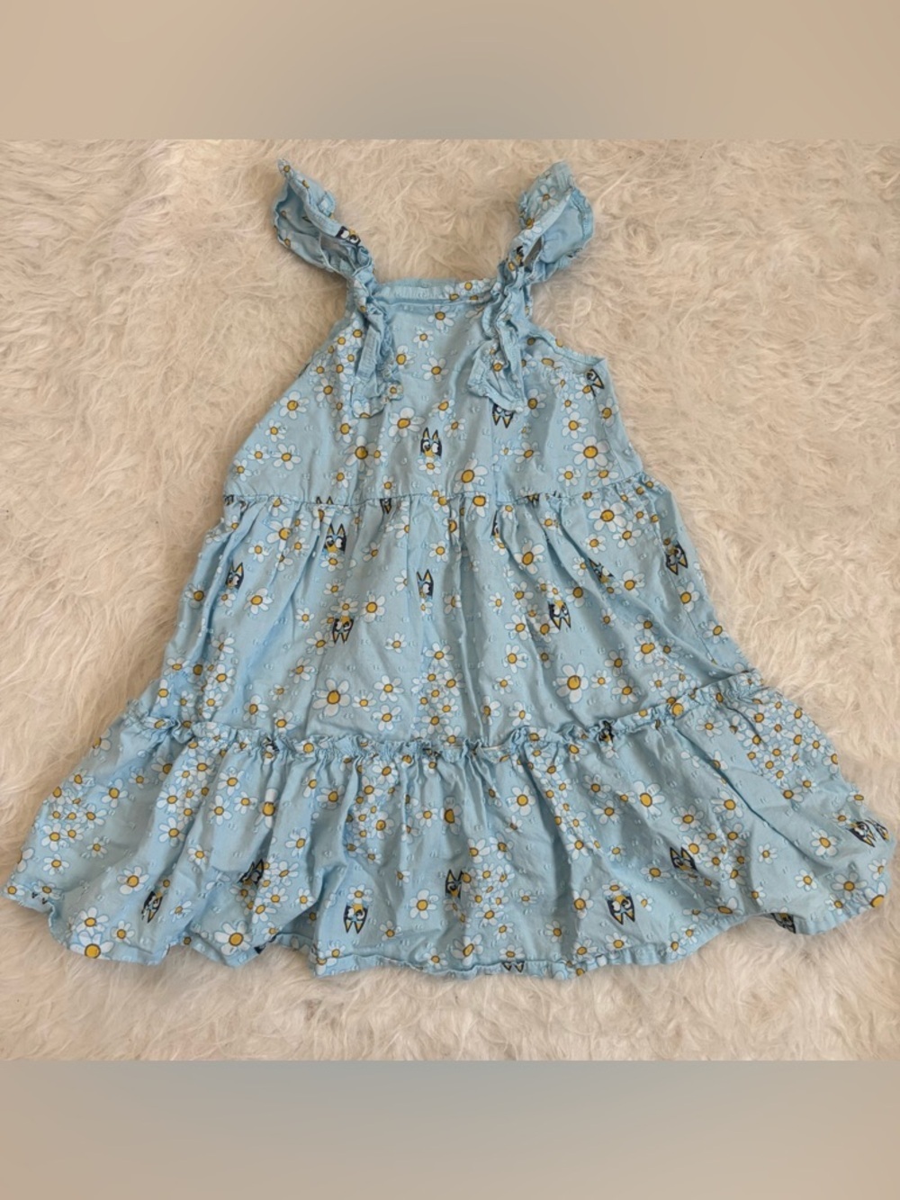 Playful Bluey Tiered Dress with Yellow and White Daisies
